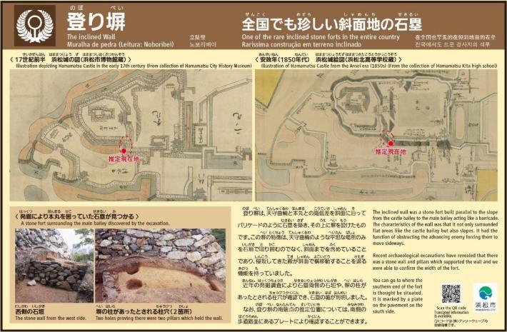 登り塀の位置図と石塁の写真